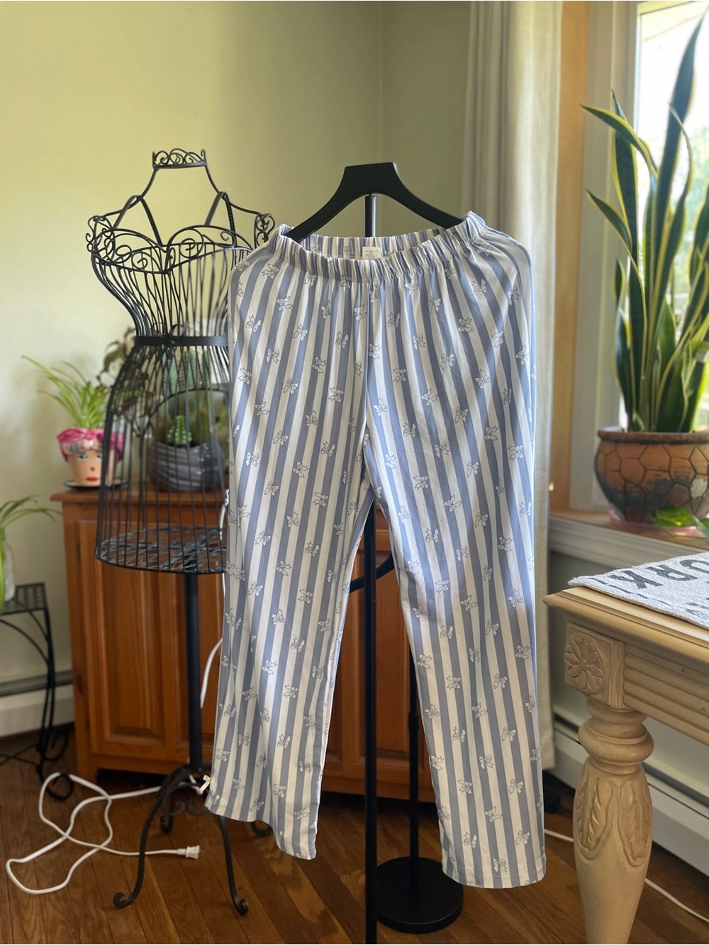 Indigo Blue & White Striped Lounge Pants with Floral Accents